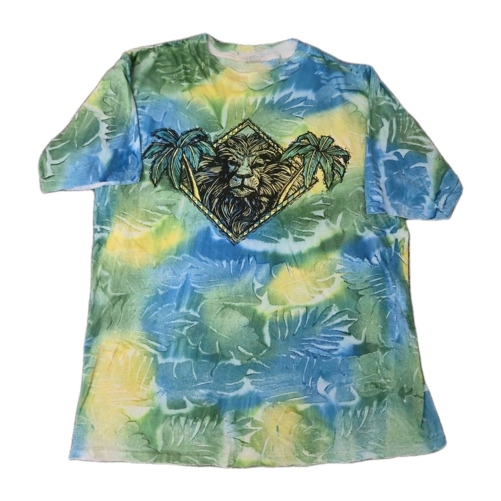 Vintage Rainforest Tie Dye Lion Graphic Short Sleeve T Shirt Mens XL Tropical